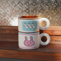 ES) Japanese style ins simple hand pinch cup painted Rabbit Rabbit series mug round thick handle ceramic cup large capacity