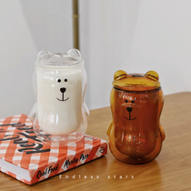 ES) Korean ins cute double bear glass cup personality heat-resistant Milk Cup with lid
