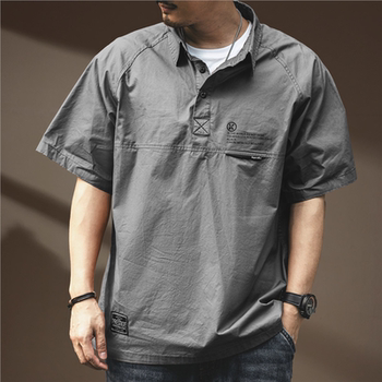 ເສື້ອຍືດຊາວອາເມຣິກັນ retro workwear polo ເສື້ອເຊີດຜູ້ຊາຍແຂນສັ້ນ summer trendy brand lapel loose large size ice silk sleeve three-quarter sleeve top
