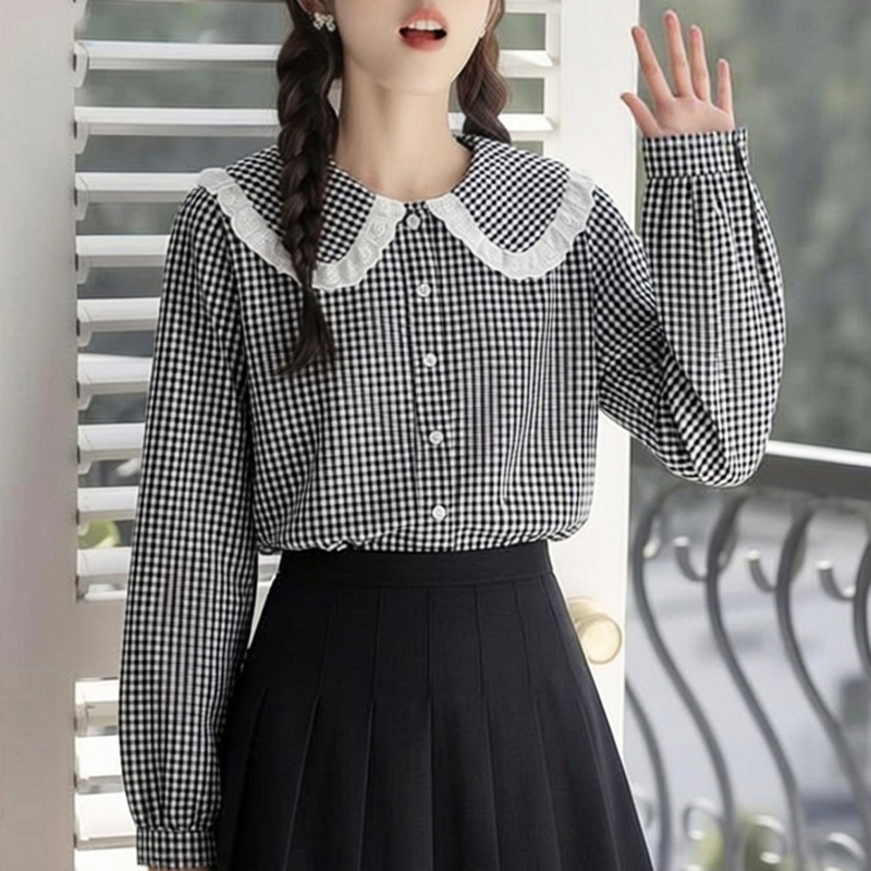 Plaid Shirt for Women with Peter Pan Collar, New Spring and Autumn Style, Stylish Lace Inner Layer, Long-Sleeved Shirt, Loose Fit, Layered French-Style Top Plaid Shirt for Women with Peter Pan Collar, New Spring and Autumn Style, Stylish Lace Inner Layer, Long-Sleeved Shirt, Loose Fit, Layered French-Style Top