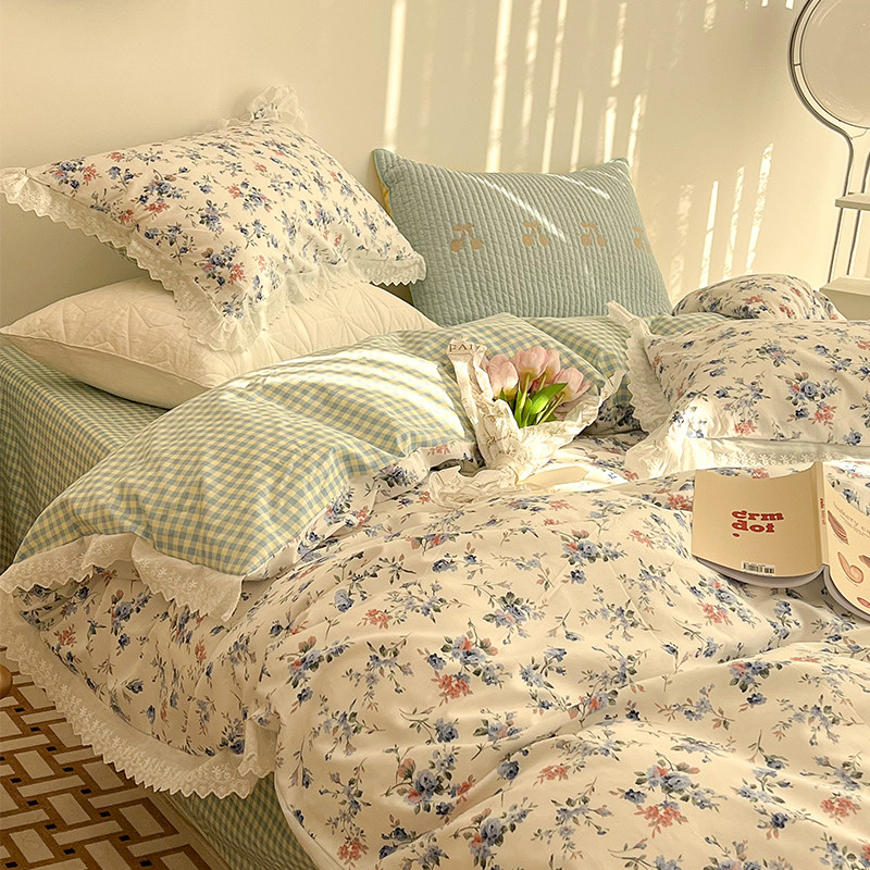 Fairy Fairy Lace Korean Ensemble Small Crushed Flowers Pure Cotton Four Pieces of Teenage Girl Hearts All Cotton 1 5m Bed Single Skin 1 8 Bed Goods