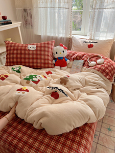 Ins Christmas Cat Milk Velvet Thickened Four-Piece Set Double-Sided Coral Velvet Cartoon Towel Embroidered Duvet Cover B