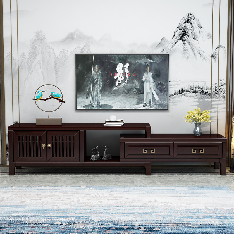 New Chinese Solid Wood TV Cabinet Tea Table Combination Living Room Ground Cabinet Purple Sandalwood Zen with light and luxurious Chinese wind