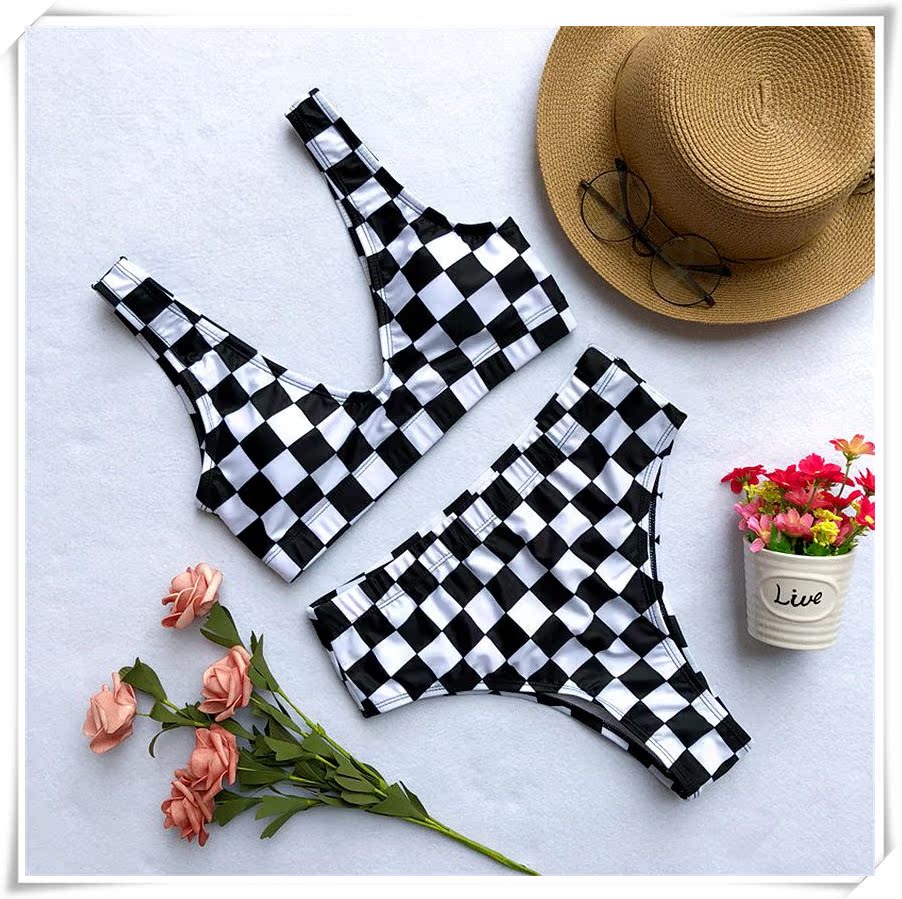 Châu Âu và Hoa Kỳ mới áo tắm lưới đen trắng in bikini sizzling nổ mẫu nữ cao eo chia áo tắm bikini đồ bơi nữ 2 mảnh