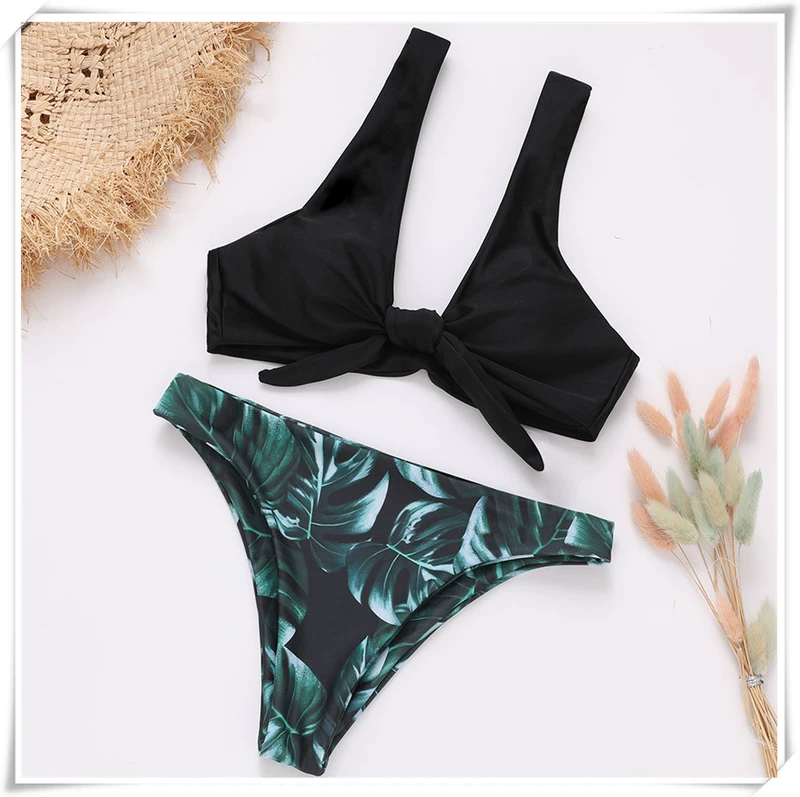 2018 mới rượu vang châu Âu và đỏ ngực thắt nút lá in bikini nữ cảm giác chia áo tắm bikini