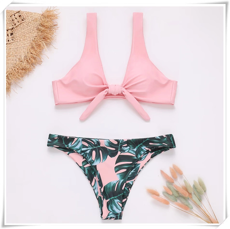 2018 mới rượu vang châu Âu và đỏ ngực thắt nút lá in bikini nữ cảm giác chia áo tắm bikini bộ đồ tắm biển nữ