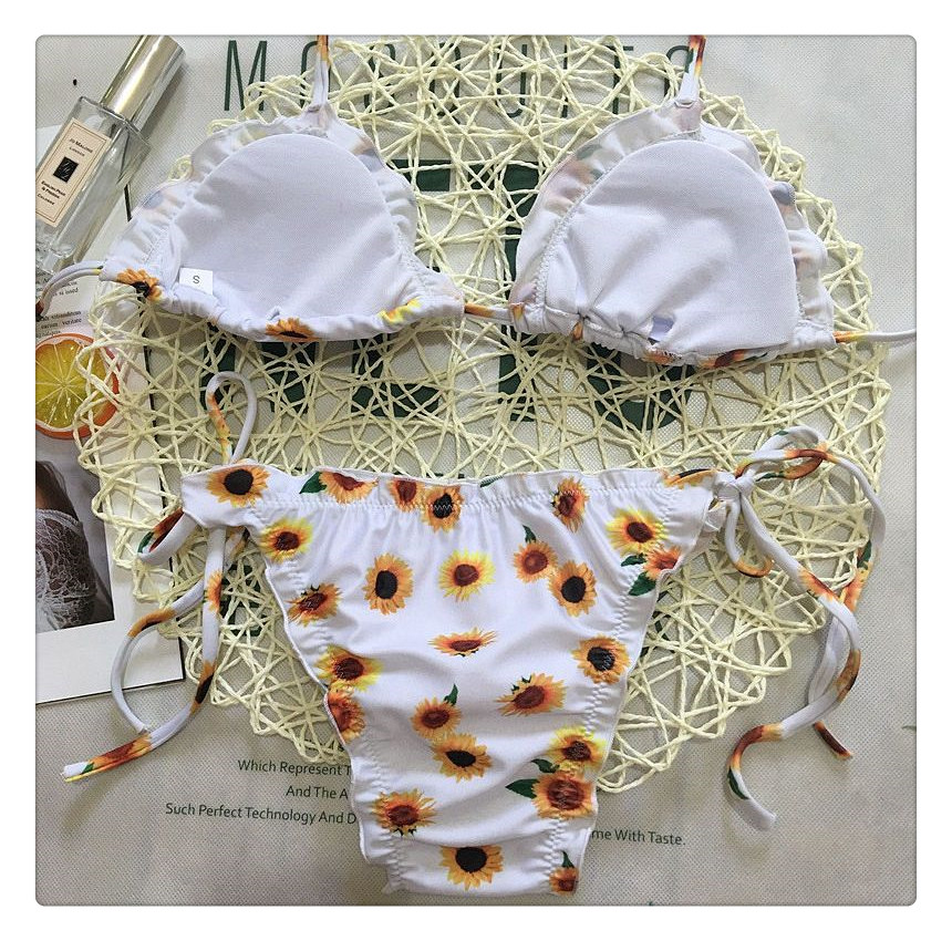 2018 mới AliExpress hoa hướng dương in bikini nữ gợi cảm xù áo tắm đi biển bikini đồ bơi 1 mảnh váy