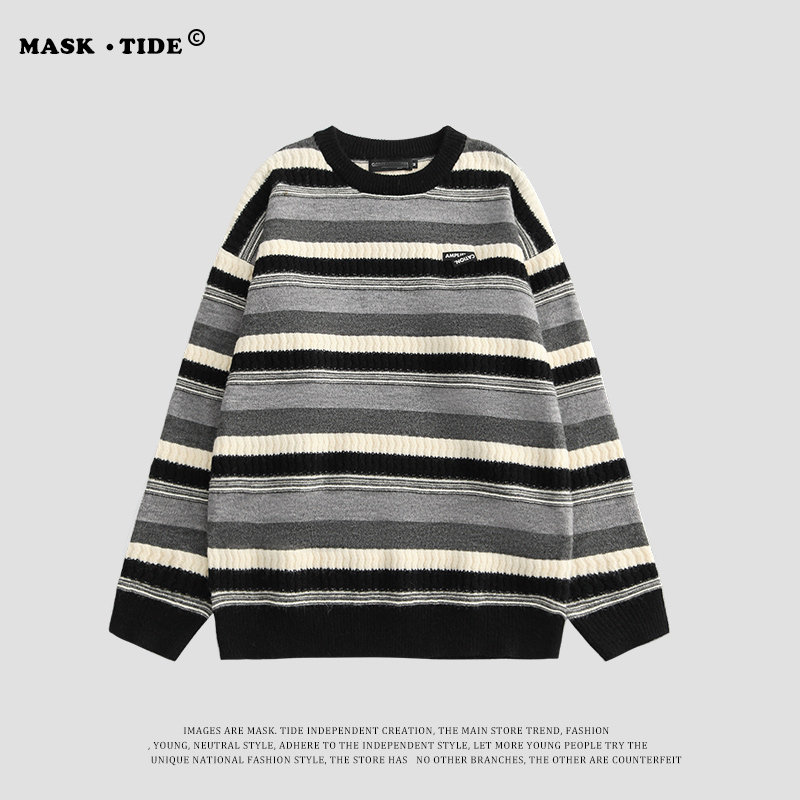 MASKTIDE fall/winter tide brand striped crew neck sweater men's and women's trend ins loose legging knit top