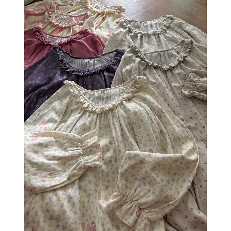 Self-Made 100% Cotton Double-Layer Gauze Long-Sleeved Nightgown with Padded Lace Long Dress Home Wear