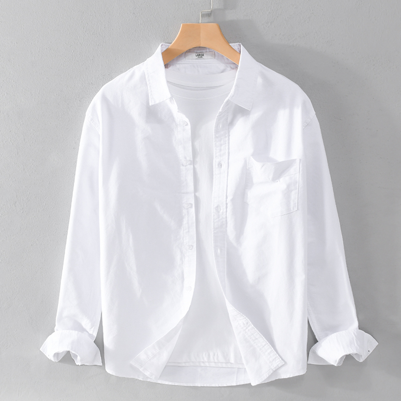 Spring and Autumn Japanese-Style Oxford Shirt for Men, Loose Casual Inner Layer, Pure Cotton Long-Sleeve Shirt Jacket, Pure White