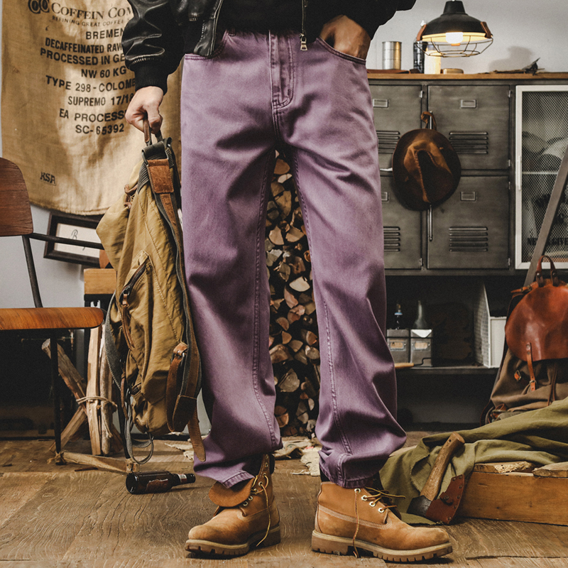 American Retro Purple Jeans for Men, Loose Straight-Leg Heavy-Duty Work Pants, New Spring Denim Casual Pants for Men