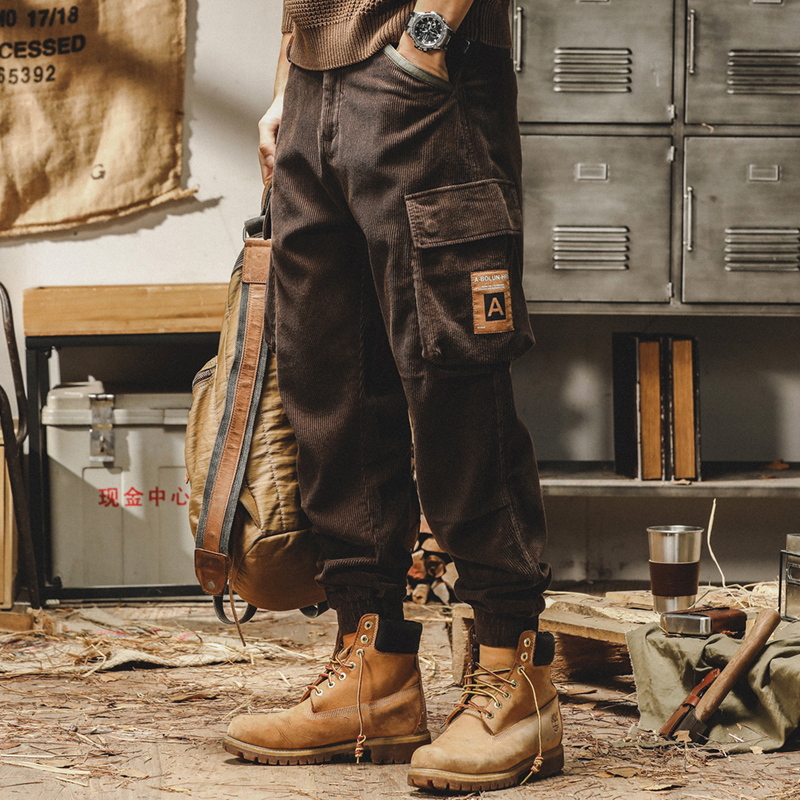 Jereeno American-Style Heavy Retro Corduroy Casual Pants for Men, Loose Straight-Leg Cargo Pants, Spring and Autumn Style, Jogger Pants