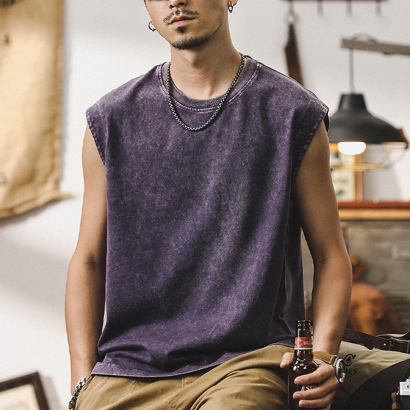 American-Style Sports Fitness Men's Purple Tank Top, Summer Trendy, Acid-Washed, Loose-Fitting, Heavyweight Sleeveless T-Shirt for Men