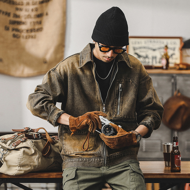 Future Cyberpunk Wasteland Style Denim Jacket for Men, Spring Trendy Brand, Cool and Rugged, Rust-Washed Functional Workwear Jacket