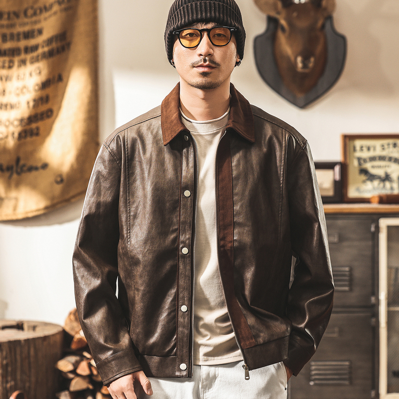 Vintage Brown Batik Leather Jacket Spring and Autumn Loose Casual Workwear Jacket Men's 2026 American Old Money Style Men's Clothing