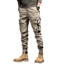 Velvet military-style overalls for men 2024 new style zipper pocket ankle-tie tactical pants trendy autumn and winter casual trousers