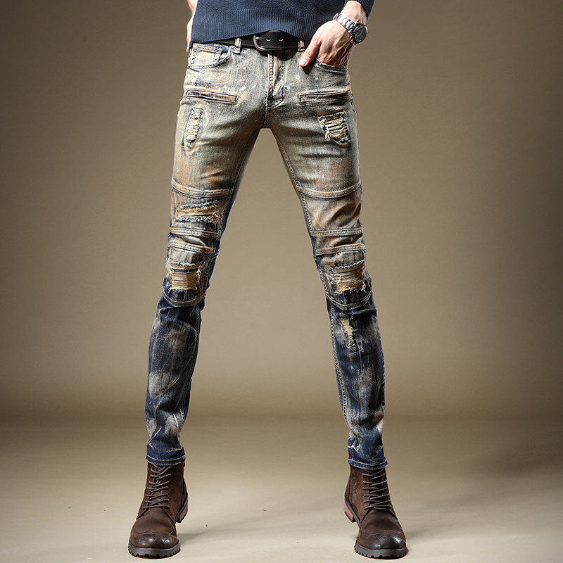Street hip hop jeans Men's Tide Cards Trend Retro Iron Rust Making Old Male Pants Han Prints High Street Beggar Pants