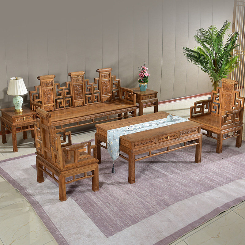 New Chinese style mahogany sofa combination winter and summer dual-use modern minimalist living room complete set of furniture solid wood chicken wing wood sofa