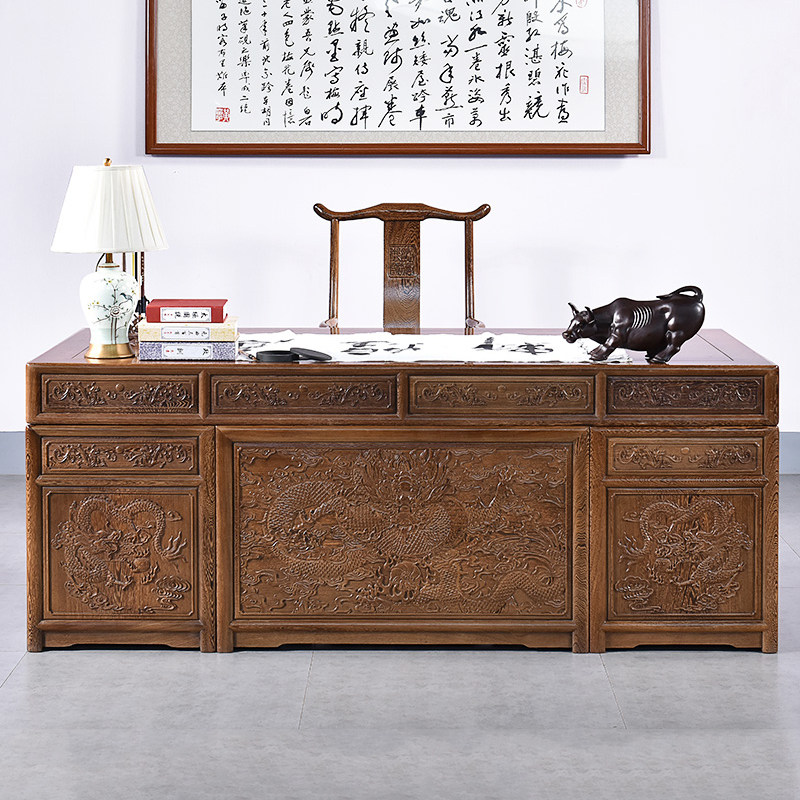 Chicken Wings Wood Desk Red Wood Furniture Owner Table Antique Solid Wood Desk Chinese Carved Flower Book Room Composition Desk