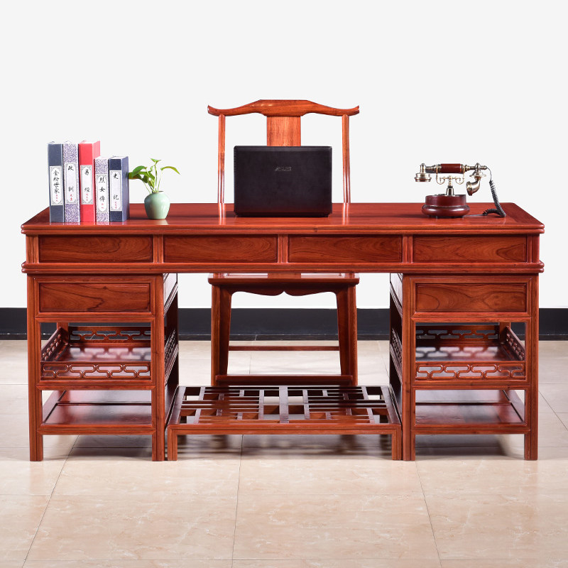 Red wood furniture Myanmar flowers pear New Chinese style desk solid wood painting and calligraphy table desk cover log picture desk