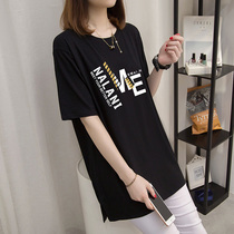 Fat mm summer new large size womens clothing Korean version of short-sleeved t-shirt women cover belly foreign style versatile medium-long half-sleeve top