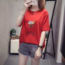 2021 spring and summer new fat mm size womens loose thin cotton short sleeve T-shirt fat sister embroidered top