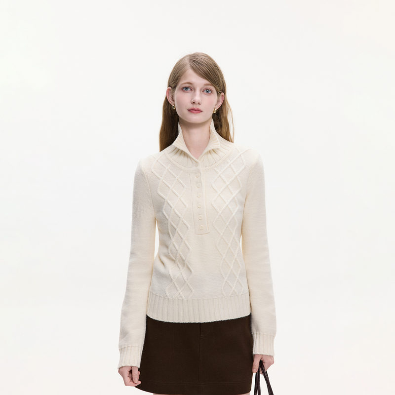 Hoa High-End Polo Collar Wool Blend Cable Knit Sweater for Women, New Autumn and Winter Style, Loose Fit, Slimming Knit Top
