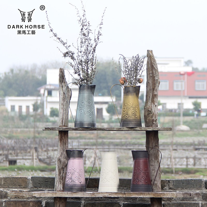 Creative tin flower barrel vintage antique dried flower arrangement vase ornaments florist flower shop flower wrought iron kettle flower ornaments