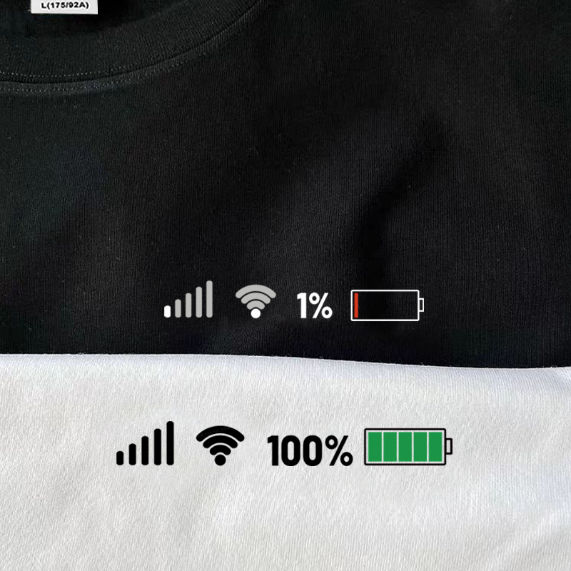 Fun and Creative T-Shirt: No Electricity, No Internet, No Signal. T-Shirt with Full Battery. Clothes with Phone Battery. Short-Sleeved Couple Outfit