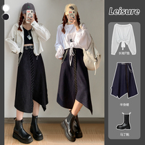 Black denim skirt female mid-length spring and autumn 2021 new high waist bag hip irregular split a-line skirt tide