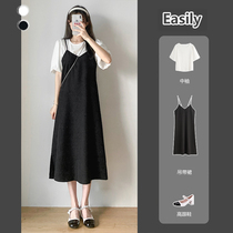 Black suspender dress female 2021 spring and summer fat mm two-piece set early autumn spring large size medium long strap skirt