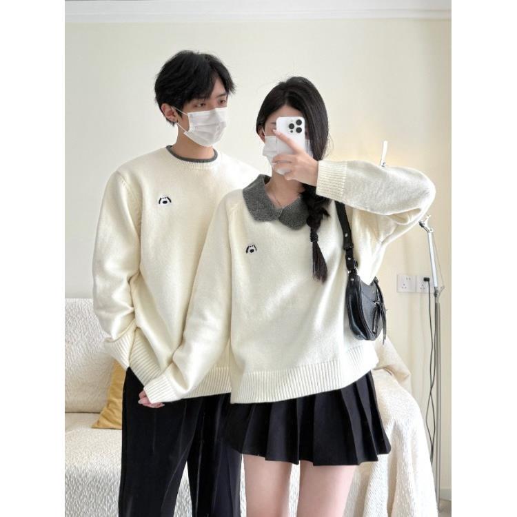 American-Style Couple's Clothing, Contrasting Color Doll Collar Thickened Sweater for Women, New Design for Autumn and Winter, Loose Knitted Top