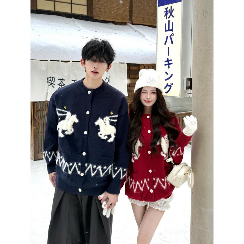 Plush Pony Couple Outfit Jacquard Cardigan Sweater for Men and Women, Autumn and Winter Fair Isle Red Christmas Knitwear Jacket