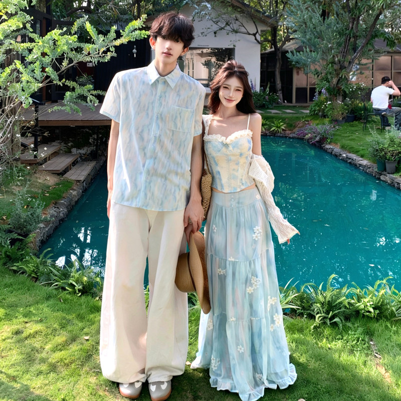 Beach Vacation Couple Outfits: Blue Short-Sleeved Shirt, High-End Long Skirt, Pure Desire Suspender Set, French-Style One Skirt One Top