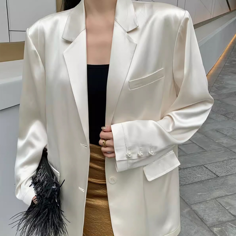 Acetate Blazer for Women 2025 Spring/Summer New Petite Satin Thin Loose Casual Buttoned Suit Jacket