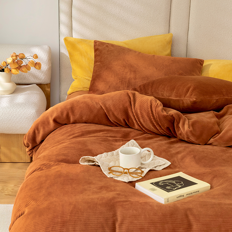 Nordic Wind Pure Color Crash Minimalist Autumn Winter A Type Thickened Waffg Milk Suede Four Pieces Of Bunk Bed Hat Bed Bag Group