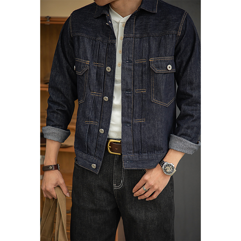 Vintage American-style heavy-duty washed denim jacket original color Amekaji men's outerwear for spring and autumn.