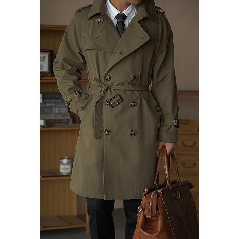 Umeda Workwear American Retro Classic Trench Coat Double-Breasted Mid-Length Overcoat for Men
