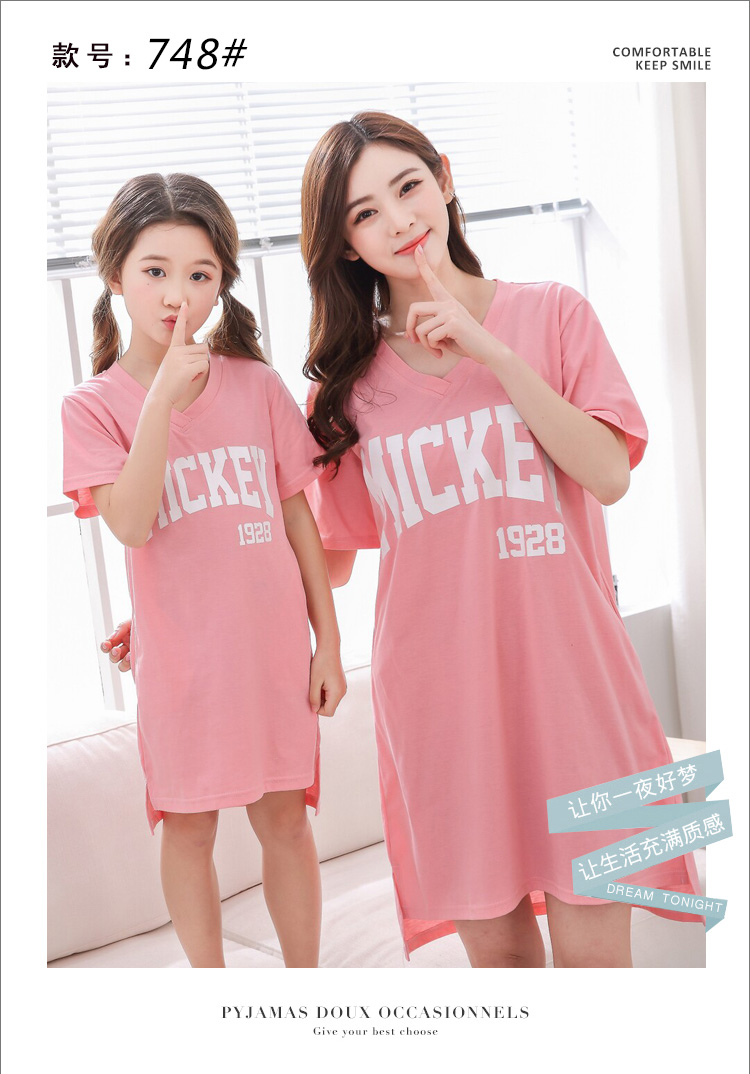 Mùa hè mẹ và trẻ em trẻ em nightdress cô gái phần mỏng cotton ngắn tay cậu bé lớn cha mẹ và con mùa hè đồ ngủ ăn mặc bộ jumpsuit hoạt hình cho bé và mẹ