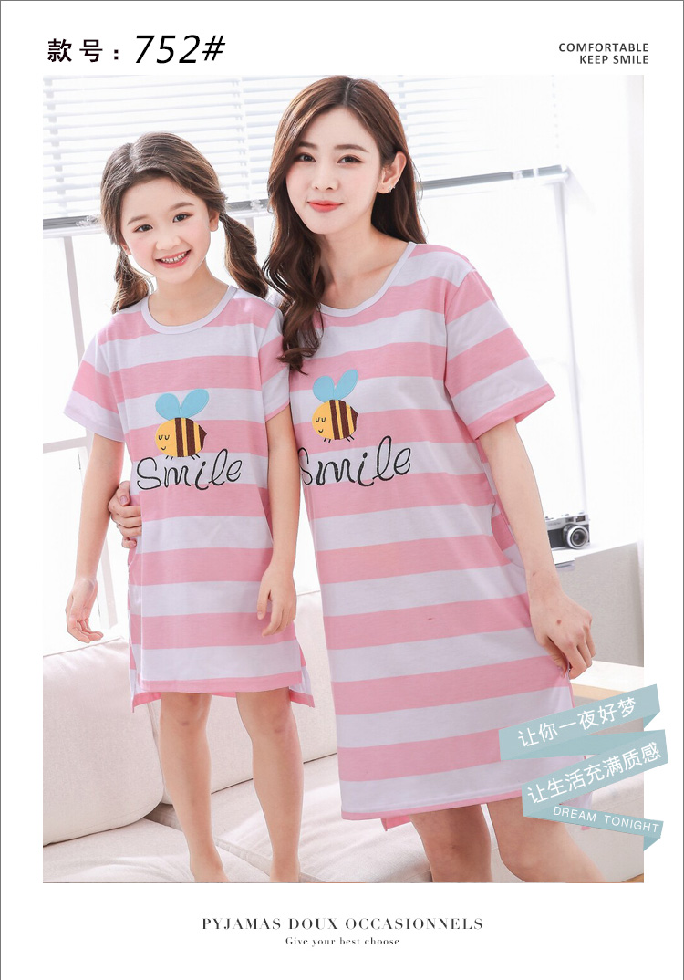 Mùa hè mẹ và trẻ em trẻ em nightdress cô gái phần mỏng cotton ngắn tay cậu bé lớn cha mẹ và con mùa hè đồ ngủ ăn mặc bộ jumpsuit hoạt hình cho bé và mẹ