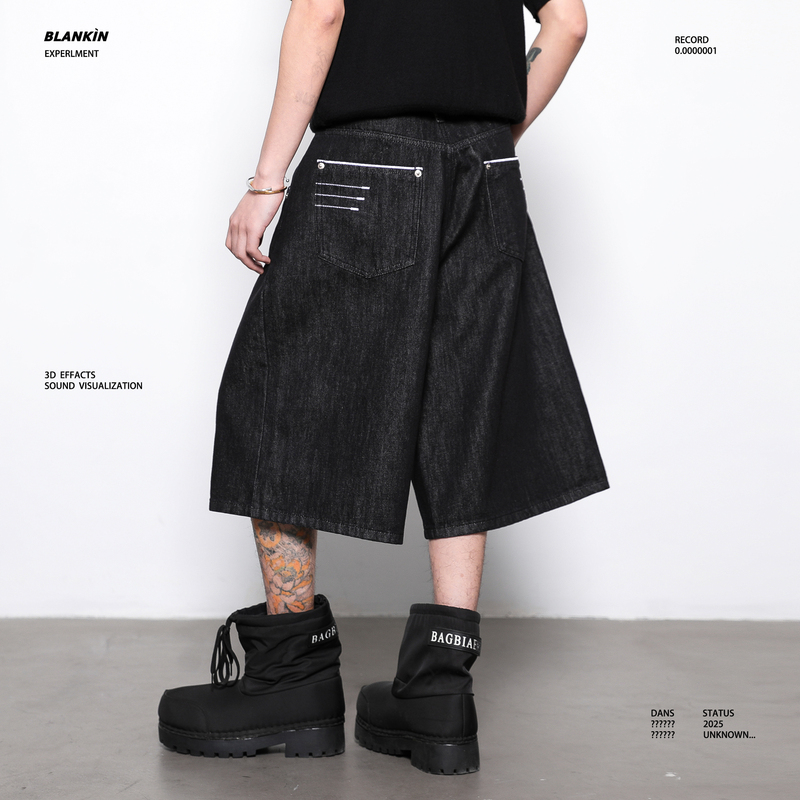 Blankin Denim Black Raw Cotton 7/8 Jeans Unisex American Retro Simple Style Loose Wide-Leg Shorts