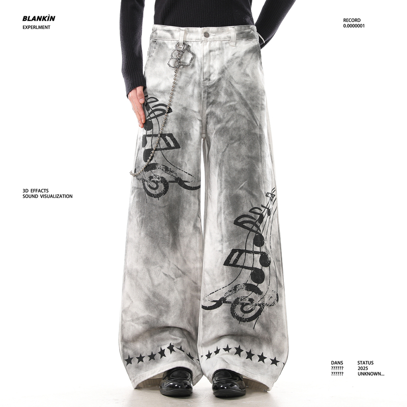 Blankin American Retro Dirty-Dyed Distressed Musical Note and Star Print Jeans, Loose Niche Design Casual Pants