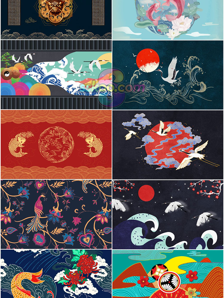 国潮中国风祥云白鹤龙凤传统元素电视背景墙装饰画模板PSD素材插图11