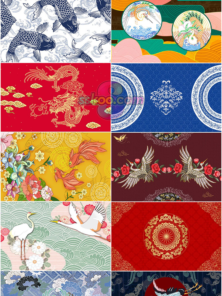 国潮中国风祥云白鹤龙凤传统元素电视背景墙装饰画模板PSD素材插图6