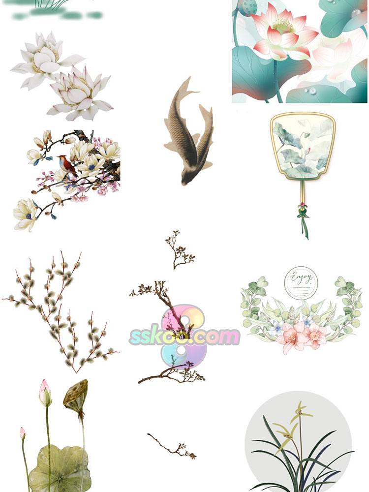 中国风古典传统工笔花鸟动物植物国画PNG免抠元素PS平面设计素材插图13