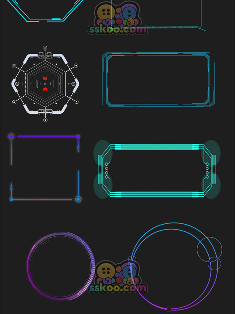 炫酷HUD科幻科技边框蓝色渐变方框科技感png免扣元素组件模板素材插图18