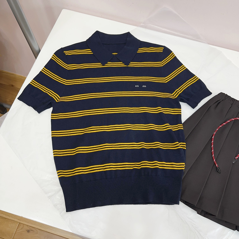 Ngrm 70% Cashmere 30% Mulberry Silk~Cyndi Wang's Same Style Miu-Style Polo Collar Knitted Short-Sleeve Striped Top for Women