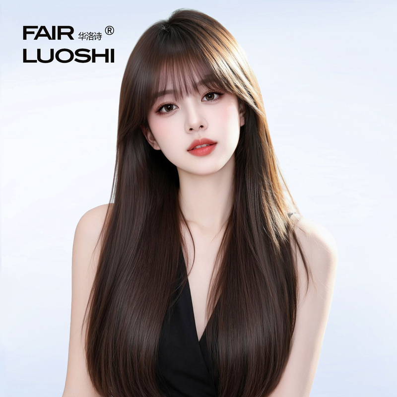 Wig for Women, Full Head Cover, Black Long Straight Hair, Real Human Hair, Natural Seamless Air Bangs, Full Head Braided Wig Set