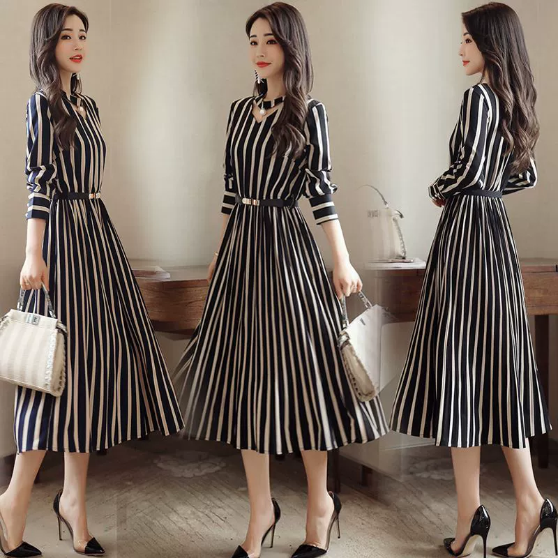 Xuân hè 2019 cộng với size nữ mới Hàn Quốc khí sọc dài tay đầm thời trang nữ váy dài thon - Váy eo cao