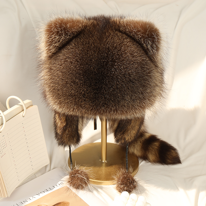Little Raccoon Fur Hat, Winter Children's Ear-Protecting Lei Feng Hat, Thickened with American Raccoon Tail, Parent-Child Style, Tiktok Same Style